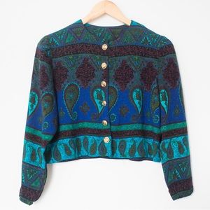Vintage 80’s/90’s Teal Multi-Color Paisley Print Gold Button Crop Top | Size M